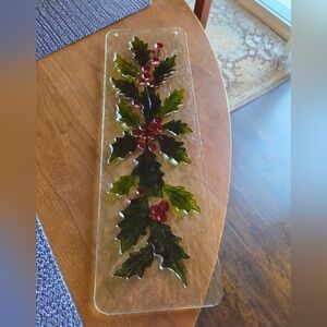 Textured Glass Holly Piece Measures 18"×6" Has Hokes For Hanging This Up